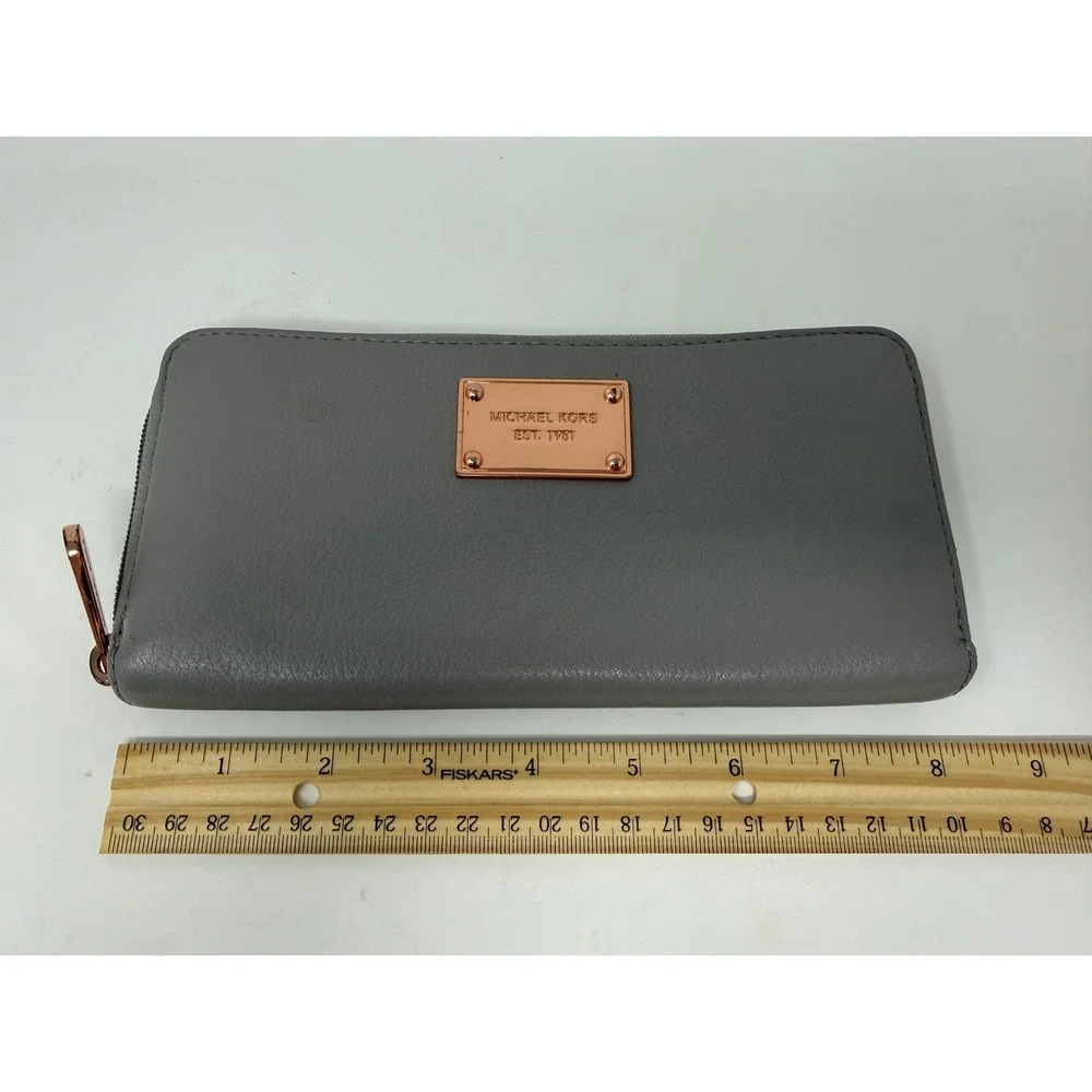 Michael Kors Zip Around Wallet Gray Leather Rose Gold‎ Hardware Continental
